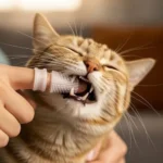 Início 8. Esta imagem apresenta um close-up focado de um gato doméstico tabby marrom e dourado com listras pretas, deitado de forma relaxada com os olhos parcialmente fechados e orelhas em pé. Uma mão humana, com dedos claros e unhas cuidadas, está posicionada na parte inferior esquerda da moldura, segurando uma dedeira de silicone transparente e texturizada que envolve o dedo indicador. A dedeira está inserida na boca do gato, tocando suavemente os dentes e as gengivas superiores, ilustrando a ação de escovação. A boca do gato está ligeiramente aberta, revelando seus dentes brancos e gengivas rosadas. O gato tem pelagem curta e brilhante, e seus longos bigodes são visíveis. O fundo é um ambiente doméstico acolhedor e difuso, com tons quentes de marrom, laranja e creme, indicando um sofá e iluminação suave de uma janela próxima. A iluminação é natural e difusa, criando sombras suaves. A profundidade de campo é rasa, mantendo o foco nítido no gato e na mão. A composição é centralizada e íntima.