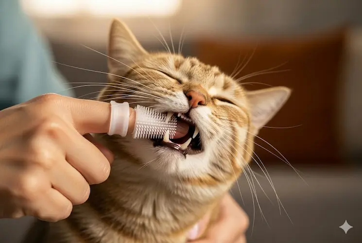 Esta imagem apresenta um close-up focado de um gato doméstico tabby marrom e dourado com listras pretas, deitado de forma relaxada com os olhos parcialmente fechados e orelhas em pé. Uma mão humana, com dedos claros e unhas cuidadas, está posicionada na parte inferior esquerda da moldura, segurando uma dedeira de silicone transparente e texturizada que envolve o dedo indicador. A dedeira está inserida na boca do gato, tocando suavemente os dentes e as gengivas superiores, ilustrando a ação de escovação. A boca do gato está ligeiramente aberta, revelando seus dentes brancos e gengivas rosadas. O gato tem pelagem curta e brilhante, e seus longos bigodes são visíveis. O fundo é um ambiente doméstico acolhedor e difuso, com tons quentes de marrom, laranja e creme, indicando um sofá e iluminação suave de uma janela próxima. A iluminação é natural e difusa, criando sombras suaves. A profundidade de campo é rasa, mantendo o foco nítido no gato e na mão. A composição é centralizada e íntima.