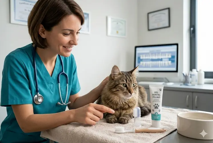 Uma veterinária sorridente e um gato tabby estão sentados em uma mesa de exame em uma clínica veterinária. Em frente ao gato, há vários produtos de higiene dental felina: uma escova de dente com cabo, uma dedeira de silicone e um tubo de gel dental. A veterinária está tocando suavemente o gato e estendendo a mão para ele. O fundo desfocado mostra um consultório clínico limpo com equipamentos e luz natural.