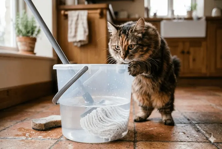 "Gato malhado em pé no chão da cozinha com as patas apoiadas em um balde de limpeza transparente, cheirando curiosamente a borda e o esfregão, ilustrando a atração perigosa dos felinos por produtos de limpeza."