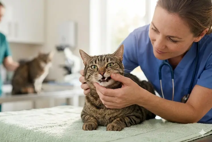 Fotografia de uma médica veterinária em uma clínica iluminada, examinando cuidadosamente os dentes e a gengiva de um gato tigrado deitado sobre a mesa de exame. A avaliação clínica detalhada da boca do felino é o primeiro passo para diagnosticar as causas do mau hálito em gatos, como a perigosa doença periodontal.