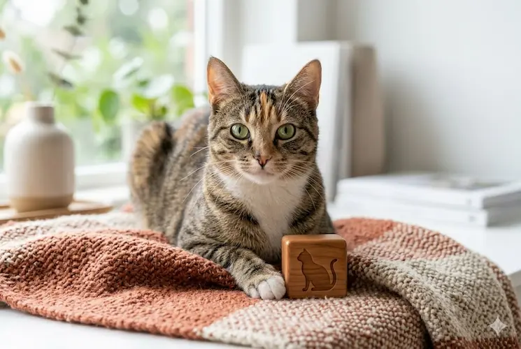 Um gato doméstico malhado-cálico, com pelagem texturizada e olhos verdes cativantes, está sentado pacificamente sobre uma manta de lã feita à mão em tons de terracota e creme. O gato olha diretamente para a câmera com uma expressão curiosa e tranquila. Uma de suas patas está levemente apoiada perto de um pequeno bloco de madeira polida com uma silhueta genérica de um gato entalhada. O cenário é um canto de casa aconchegante e bem iluminado, perto de uma janela com plantas verdes desfocadas do lado de fora. Elementos minimalistas de decoração doméstica, como um vaso de cerâmica simples e uma pilha de livros desfocada, estão no fundo fora de foco, sugerindo um estilo de vida 'consciente' e curado. A luz é luz natural do dia difusa, suave e convidativa, enfatizando a pelagem do gato e a textura da manta. A imagem inteira está focada e limpa, sem nenhum texto verbal ou marcas d'água, no estilo de um destaque editorial profissional.