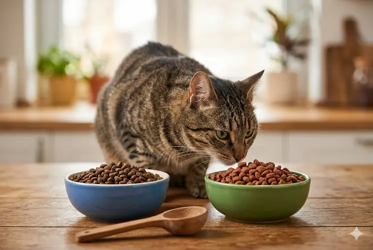 Gato doméstico tabby curioso parado entre duas tigelas com tipos diferentes de ração seca, representando o processo de transição alimentar.