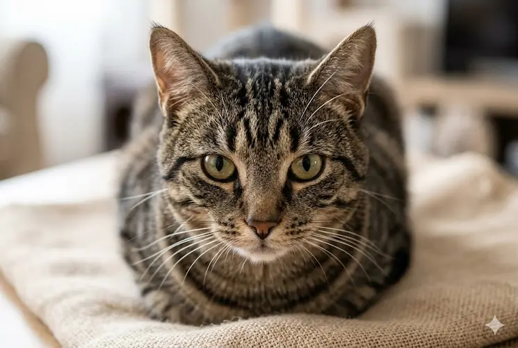 Uma fotografia vertical de 750x500 pixels de um gato malhado fofo e curioso, em pé sobre o chão de lajes da cozinha, com as patas apoiadas na borda de um balde de limpeza transparente com água e um esfregão branco. O gato está com o nariz proeminente e olhos alertas, sniffing intensamente, exibindo sua atração pelo cheiro do ambiente de limpeza. A iluminação é suave e natural, focando na expressão e textura do gato.