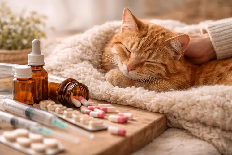 Gato laranja deitado em manta macia ao lado de frascos de medicamento e comprimidos, simbolizando tratamento veterinário para PIF