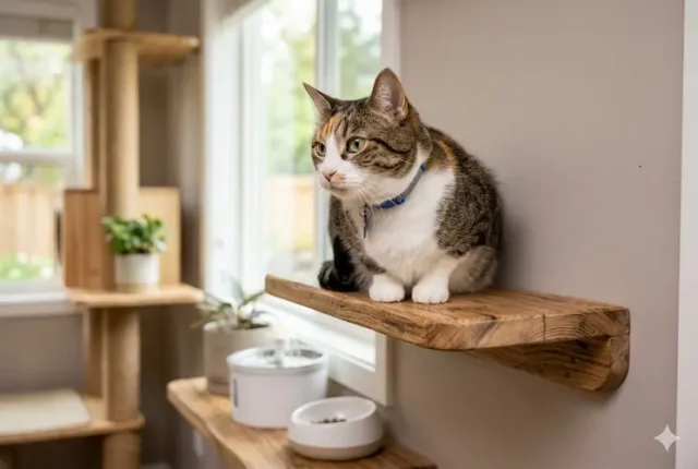 Um gato malhado e branco de pelos curtos e coleira azul está sentado em uma prateleira de madeira rústica, montada em uma parede de cor taupe, olhando para a esquerda com olhos verdes atentos. O gato está relaxado, com as patas dianteiras apoiadas na prateleira. No fundo, que está suavemente desfocado (bokeh), vê-se um ambiente doméstico moderno e sunlit. Abaixo do gato, em uma prateleira inferior, há uma fonte de água de cerâmica branca e uma tigela de comida de cerâmica. À esquerda, vê-se parte de um arranhador vertical de sisal e uma planta verde em um vaso. O fundo é uma janela brilhante com vista para um quintal verdejante, sugerindo um ambiente indoor seguro e enriquecido. A iluminação é natural e quente.