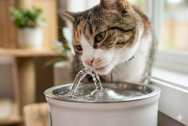 Um close-up detalhado do focinho e bigodes de um gato malhado e branco, usando uma coleira azul semelhante à da imagem principal, enquanto ele bebe água corrente. A língua do gato está sutilmente visível encostando na água fresca que flui de um pequeno bico central de uma fonte de água de cerâmica branca com filtro, que está apoiada na mesma prateleira rústica de madeira rústica vista anteriormente. A imagem foca estritamente na interação entre o gato e a água. O fundo é muito desfocado (bokeh), revelando apenas texturas suaves e quentes de uma parede clara e luz natural suave vinda de uma janela próxima, sem distrações. A iluminação é natural e acolhedora, destacando a textura do pelo e o movimento da água.