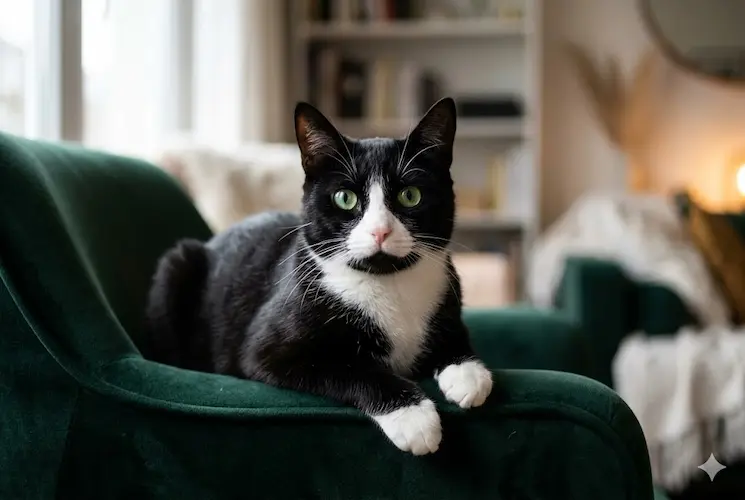 Fotografia de um gato preto e branco com padrão frajola (tuxedo), deitado elegantemente em uma poltrona de veludo verde escuro. O felino de olhos verdes possui o peito e as patas brancas que contrastam com a pelagem preta, criando a clássica ilusão de um gato de smoking. O fundo mostra uma sala de estar iluminada e desfocada.
