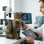 Fotografia em plano médio horizontal de um gato rajado saudável sentado em um laboratório moderno, ao lado de uma pesquisadora que segura um tablet mostrando dados genéticos compartilhados entre humanos e felinos.
