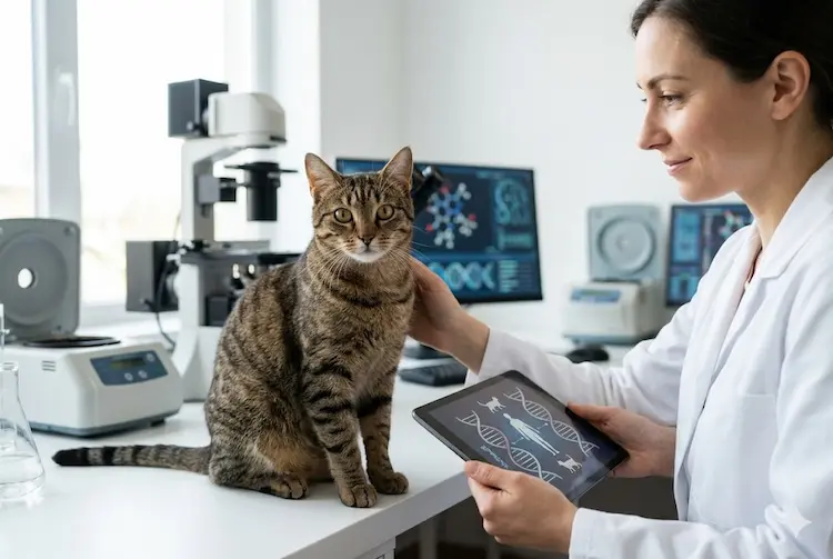 Fotografia em plano médio horizontal de um gato rajado saudável sentado em um laboratório moderno, ao lado de uma pesquisadora que segura um tablet mostrando dados genéticos compartilhados entre humanos e felinos.