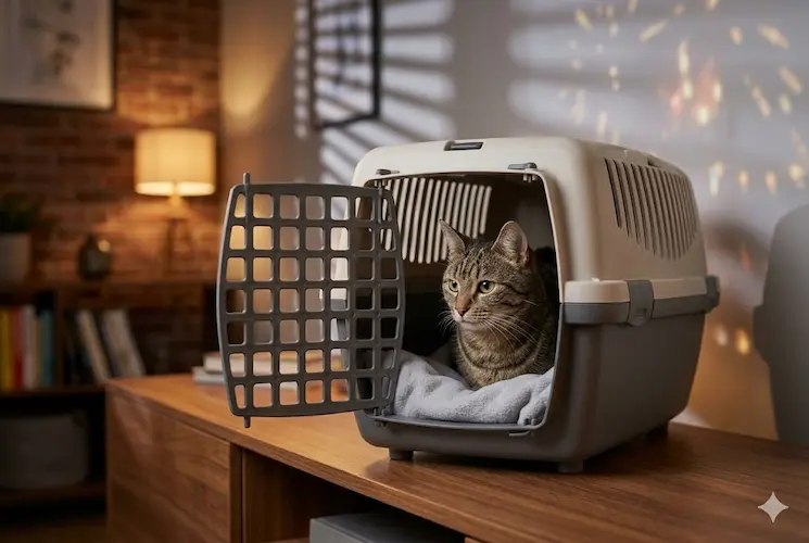 Fotografia de um gato rajado calmo e protegido dentro de uma caixa de transporte rígida com a porta aberta, forrada com uma manta macia. A caixa está sobre um móvel de madeira em uma sala com iluminação suave, ilustrando a caixa de transporte como um refúgio seguro para conter um gato em pânico.
