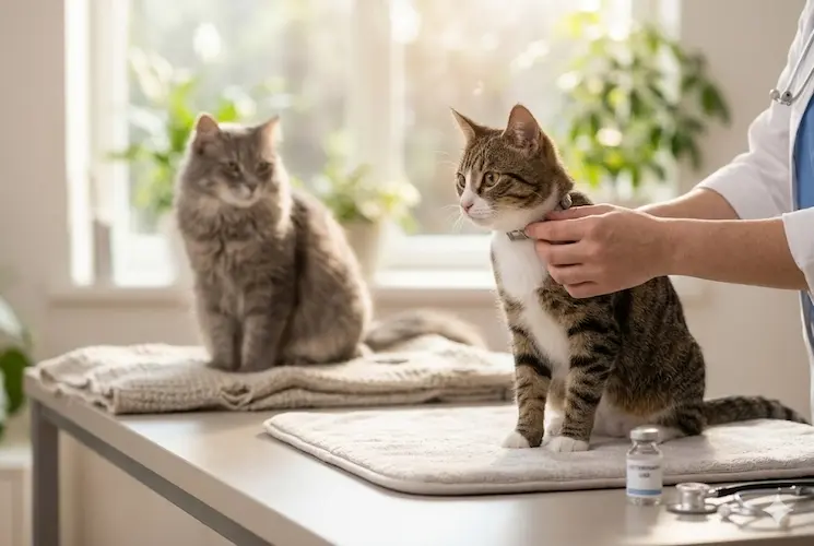 Uma fotografia vertical de 750x500 pixels de um gato malhado fofo e curioso, em pé sobre o chão de lajes da cozinha, com as patas apoiadas na borda de um balde de limpeza transparente com água e um esfregão branco. O gato está com o nariz proeminente e olhos alertas, sniffing intensamente, exibindo sua atração pelo cheiro do ambiente de limpeza. A iluminação é suave e natural, focando na expressão e textura do gato.