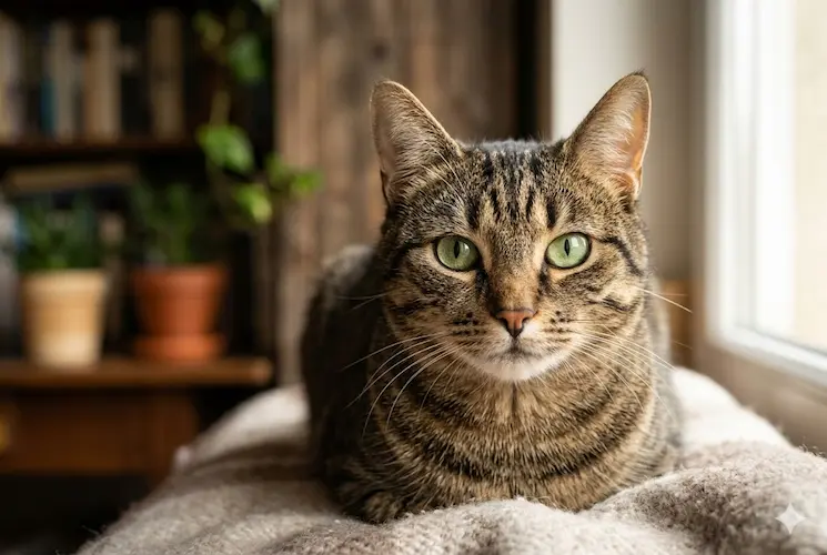 Fotografia de um gato rajado deitado confortavelmente próximo a uma janela, com foco em seus olhos verdes brilhantes e completamente saudáveis, olhando diretamente para a câmera.