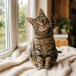 Início 10. Fotografia em plano médio de um gato rajado adulto sentado em um cobertor fofo perto da janela, olhando para a câmera com a cabeça inclinada e uma expressão curiosa e levemente confusa.