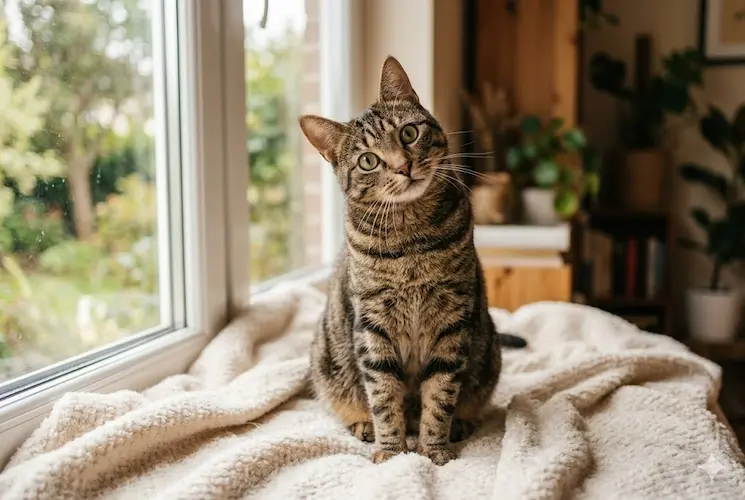Fotografia em plano médio de um gato rajado adulto sentado em um cobertor fofo perto da janela, olhando para a câmera com a cabeça inclinada e uma expressão curiosa e levemente confusa.