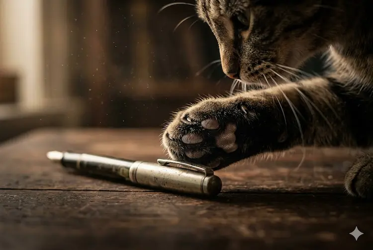 Por Que Os Gatos Derrubam as Coisas? A Verdade por Trás do Instinto Felino . Macro fotografia nítida focada na pata de um gato rajado usando receptores táteis para investigar um objeto antigo em uma mesa de madeira rústica com iluminação suave.