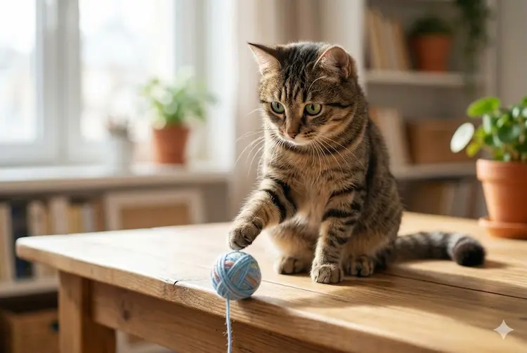 Foto de um gato doméstico tabby sentado em uma mesa de madeira rústica, estendendo a pata direita para investigar um pequeno novelo de lã azul claro. O novelo tem um fio pendurado. O fundo desfocado mostra uma sala de estar bem iluminada por uma janela, com vasos de plantas em terracota e uma estante de livros.