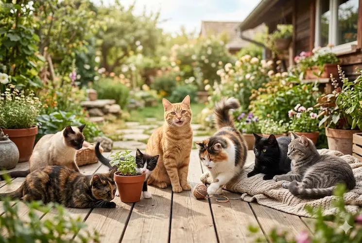 Grupo de gatos de diversas raças e cores reunidos em um jardim, representando a Galeria de Pets do site Gatos Ronron.
