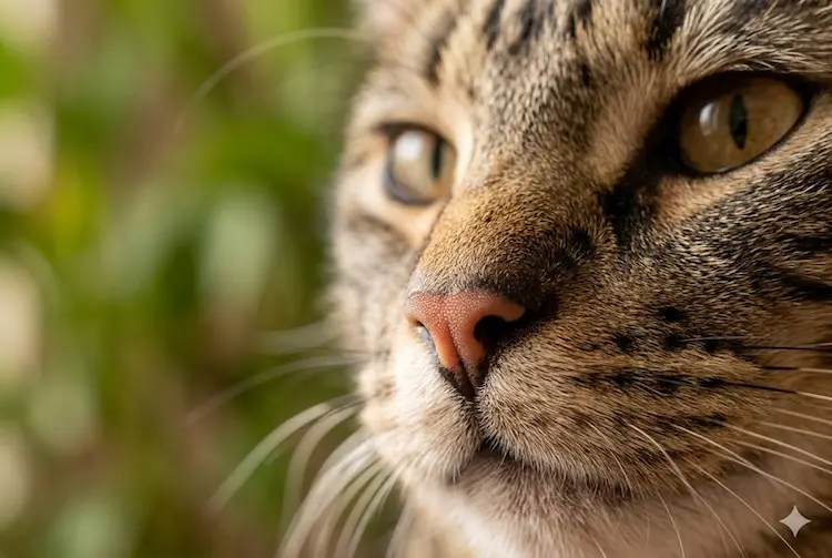 Foto em close detalhado do focinho de um gato listrado, destacando as texturas e ranhuras únicas que funcionam como uma impressão digital felina.