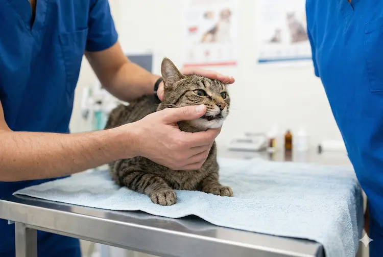Foto em close mostrando mãos de especialista examinando a boca de um gato malhado para verificar se há obstrução das vias aéreas.