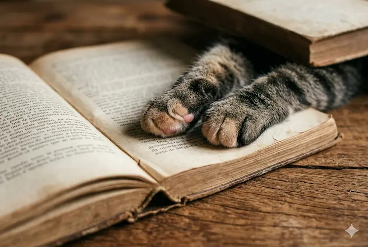 Close-up macro de patas de gato malhado descansando suavemente sobre as páginas abertas de um livro antigo, representando a busca pelos melhores livros sobre comportamento de gatos para promover o bem-estar animal.