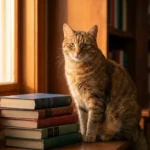Um gato malhado laranja sentado elegantemente em uma biblioteca de madeira aconchegante ao lado de uma pequena pilha de livros de capa dura, representando a busca pelos melhores livros sobre comportamento de gatos para o bem-estar animal.