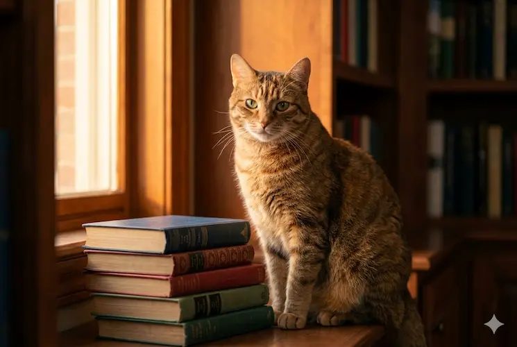 Um gato malhado laranja sentado elegantemente em uma biblioteca de madeira aconchegante ao lado de uma pequena pilha de livros de capa dura, representando a busca pelos melhores livros sobre comportamento de gatos para o bem-estar animal.