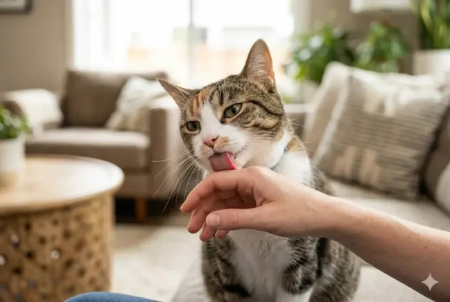 Um gato malhado com manchas brancas e olhos verdes atentos está sentado em um sofá de cor clara em uma sala de estar aconchegante e iluminada. O gato está com a linguinha áspera de lixa para fora, lambendo carinhosamente a mão de seu tutor que está estendida à sua frente. A cena captura o momento exato do contato, demonstrando o afeto e a troca de odores típica do comportamento felino. O fundo da imagem mostra uma sala moderna com uma mesa de centro de madeira rústica e luz natural suave vinda de uma janela, reforçando a sensação de segurança para o ambiente doméstico.