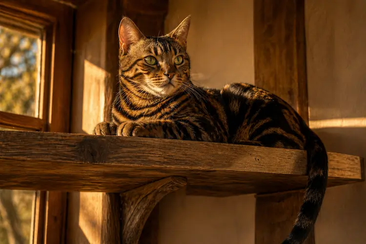 Gato de pelagem brilhante descansando em uma prateleira elevada de madeira, iluminado pela luz quente da golden hour, observando o ambiente com serenidade em um cenário aconchegante.