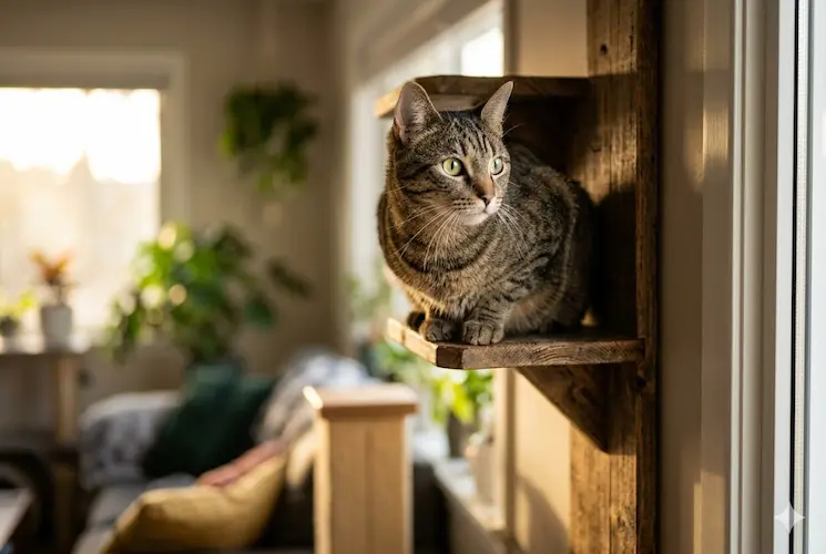 Fotografia cinematográfica de um gato malhado saudável e relaxado, descansando em uma prateleira vertical elevada de madeira em uma sala de estar com iluminação quente. Representação visual dos pilares do bem-estar felino e enriquecimento ambiental.