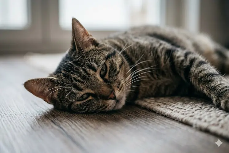 Fotografia macro de alta qualidade de um gato tabby doméstico deitado de lado em um chão de madeira, apoiado em um tapete de tecido tramado. O foco é nítido no rosto e nos olhos amendoados do felino, que olha diretamente para a câmera com uma expressão calma e direta.