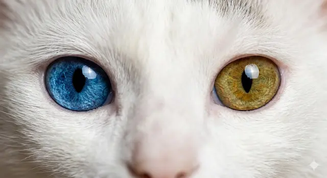 Fotografia artística em grande plano (macro) de olhos de gato com heterocromia, apresentando um olho azul vibrante e outro dourado, com foco ultra nítido na textura da íris e iluminação de estúdio. Representação da diversidade genética e saúde sensorial no bem-estar felino.