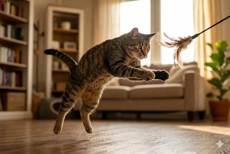 Fotografia cinematográfica de um gato tabby doméstico saltando alto no ar no meio de uma sala de estar bem iluminada para capturar um brinquedo de penas.