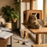 Gato tabby marrom descansando em uma prateleira de madeira de uma árvore de gatos complexa, ao lado de uma janela por onde entra a luz dourada do sol da tarde.