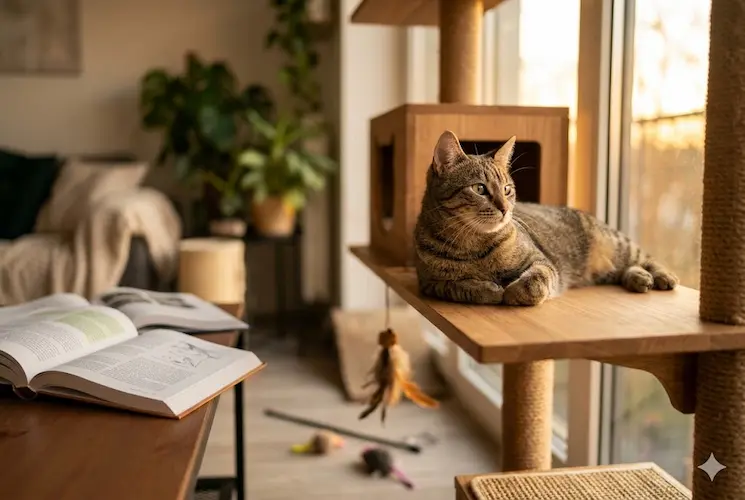 Gato tabby marrom descansando em uma prateleira de madeira de uma árvore de gatos complexa, ao lado de uma janela por onde entra a luz dourada do sol da tarde.