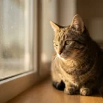 otografia cinematográfica de um gato malhado doméstico sentado em um parapeito de janela de madeira, banhado por luz dourada quente, olhando para fora com uma expressão apática e tediosa.