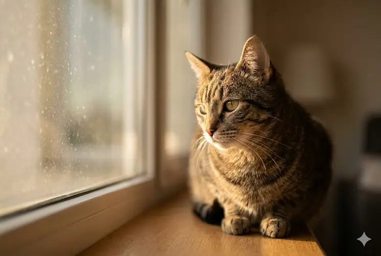 otografia cinematográfica de um gato malhado doméstico sentado em um parapeito de janela de madeira, banhado por luz dourada quente, olhando para fora com uma expressão apática e tediosa.