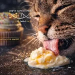 Gato doméstico lambendo alimento cremoso com infográfico sobre receptores genéticos de sabor Tas1r2 e ausência de paladar para doce.