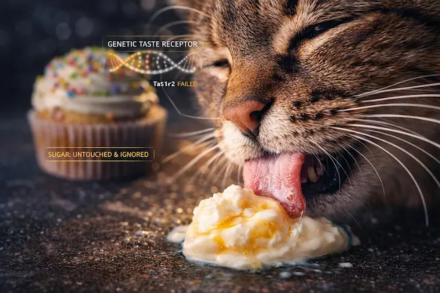 Gato doméstico lambendo alimento cremoso com infográfico sobre receptores genéticos de sabor Tas1r2 e ausência de paladar para doce.