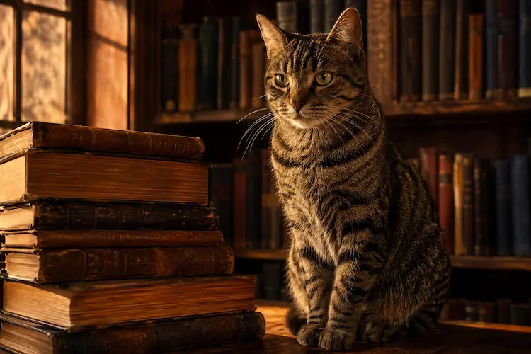 Gato malhado sentado ao lado de uma pilha de livros antigos em uma biblioteca aconchegante, representando os melhores livros sobre comportamento de gatos, com iluminação dourada de fim de tarde e estantes ao fundo.