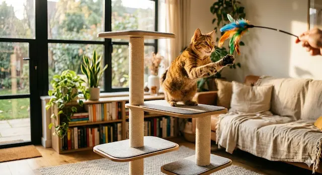 Gato doméstico de pelagem curta, branca e rajada, dentro de uma caixa de areia plástica azul, usando as patas dianteiras para cavar vigorosamente o substrato.