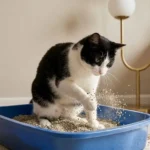 Uma fotografia cinematográfica de um gato doméstico feliz com listras tigradas, pulando e brincando com um brinquedo de varinha com penas coloridas em uma árvore de gato moderna de madeira. A cena é iluminada por luz solar natural vinda de uma janela em uma sala de estar aconchegante, criando uma atmosfera calorosa e convidativa.