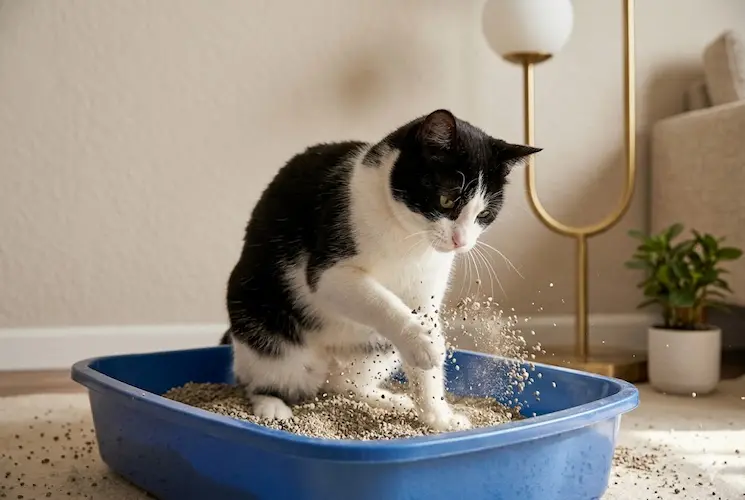 Uma fotografia cinematográfica de um gato doméstico feliz com listras tigradas, pulando e brincando com um brinquedo de varinha com penas coloridas em uma árvore de gato moderna de madeira. A cena é iluminada por luz solar natural vinda de uma janela em uma sala de estar aconchegante, criando uma atmosfera calorosa e convidativa.